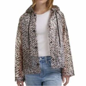 Calvin Klein CK Women's Animal Print Clear Hooded Rain Coat Size S leopard